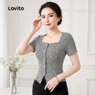 Lovito Elegant Blouse Button Spring/summer Black Blouse for Women L150ED209\3