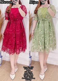 DRESS TILE BROKAT MEWAH TERBARU 2023 TANGAN PENDEK-DRESS NATAL TAHUN INI MODEL SIMPLE MEWAH DAN ELEG