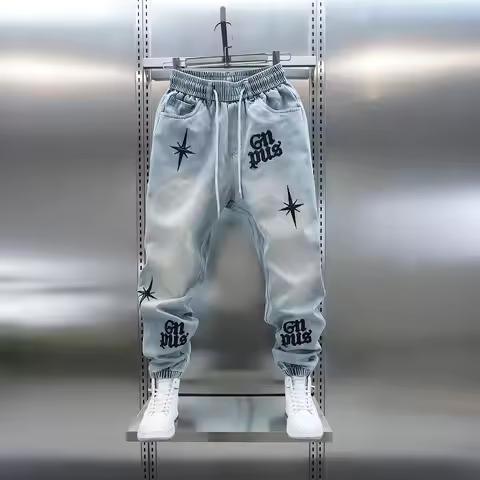 American high-street letter embroidered washed denim jeans fashion loose-fitting jogger harem pants 