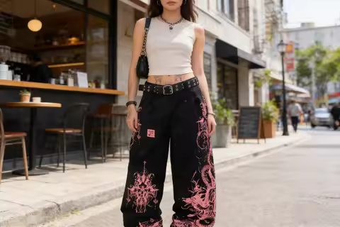 Y2K Pink Dragon Pattern American New Jeans Street Gothic Baggy Black Hip Hop High Waist Wide White L