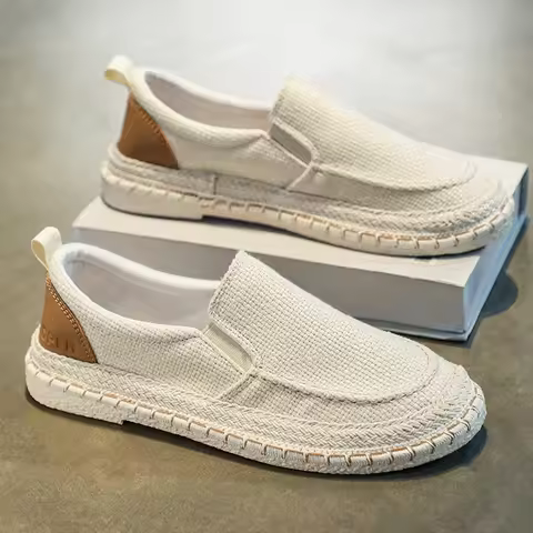 Casual Canvas Men's Shoes Breathable Grass Woven Slip-On Lightweight Anti-Slip Beijing Style Low Top