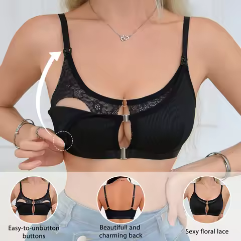 Black Comfortable Front Clasp Nursing Bra Lace & Ribbed Hands-Free Pumping Bra Adjustable Maternity 