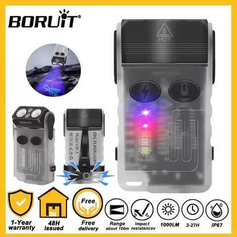 BORUiT V20-1 LED Flashlight Keychain 180 Rotation UV Magnetic Beep Clip USB-C Rechargeable Camping F