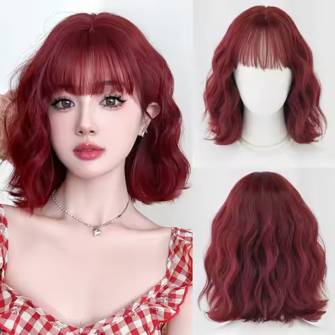 7JHH WIGS Short Water Wave Wine Red Wig for Women Synthetic Modest Fashion Wear and Go Burgundy Bob 