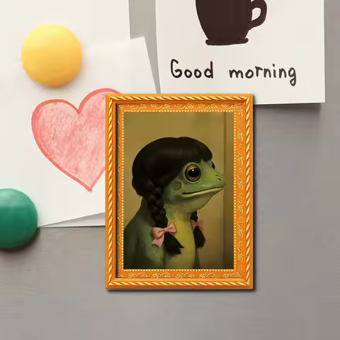 1 Piece of Retro Oil Painting Style Double Ponytail Frog Fridge Magnet, Cute Bowknot Anthropomorphic
