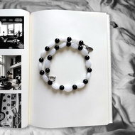 Genuine Stone Necklace Polkadott White-Black 40 Cm. Yin Yang Balance Meaning Handmade