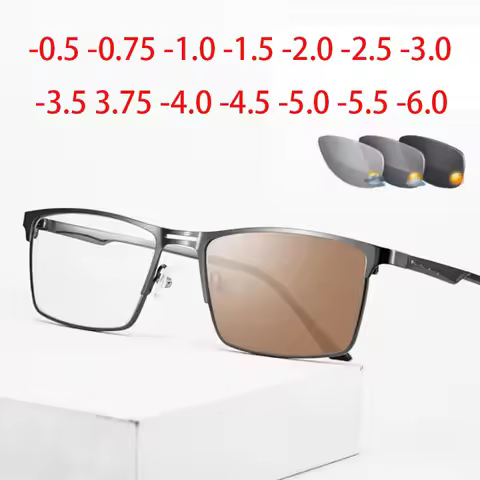 0 -0.5 -0.75 To -6.0 Metal Full Frame Sun Photochromic Square Prescription Eyeglasses With Cylinder 