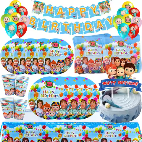 Blue Cocomelon Birthday Party Decorations Balloons Disposable Tableware Cup Plate Tablecloth Cake To