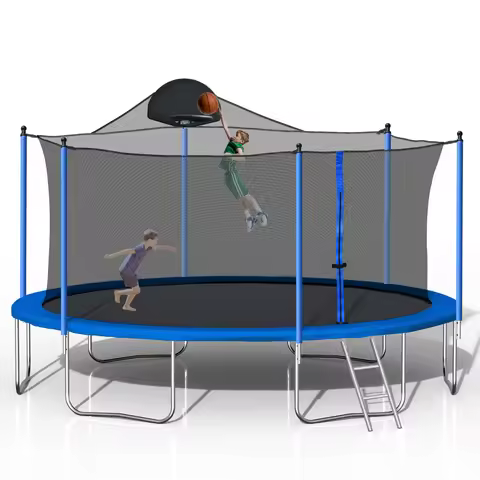 14FT Trampoline With Backboard, Outdoor Pumpkin Trampoline With Enclosure Net And Ladder For Kids Te