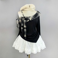 Set Wear CNY Bigsize Women's Off-the-Shoulder Shirt with Checkered Bow + Layered Flared Skirt, Prett