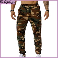 Rotyroya Men Sweatpants Camouflage Drawstring Elastic Waist Multi Pockets Streetwear Loose Ankle Tie