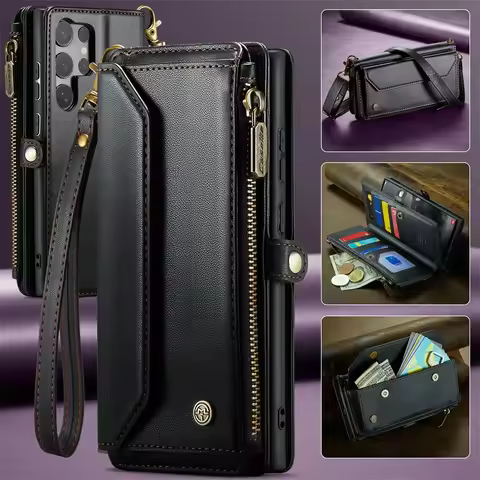 Case For Samsung Samsung S25 S24 S23 Ultra Plus FE A17 A55 A35 A36 A56 5G PU Leather Strap Zipper Ca