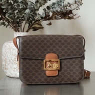 CELINE Vintage 1980s 深色老花 思琳 馬車浮雕框扣 Macadam 雙層風琴斜背包
