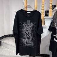 YSL 100% Cotton Internet Celebrity Same Style Full Of Baby's Breath Hot Diamond Bright Diamond T-shirt For Women Round Neck Loose Versatile Ins Short-sleeved Top For Men