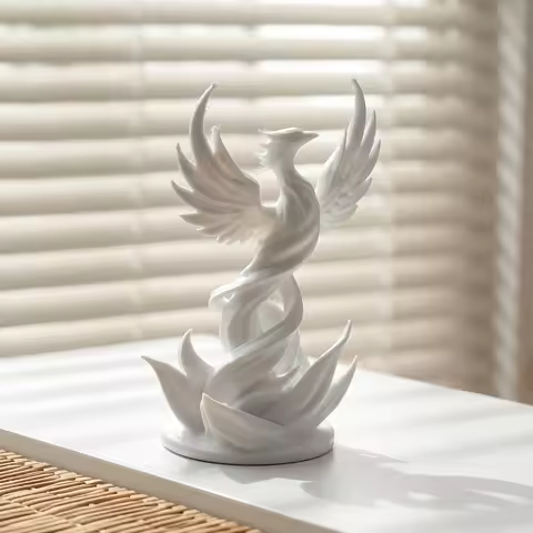 3D Printed White Phoenix Figurine 12cm Chinese Myth Firebird Statue Desktop Ornament Home Office She