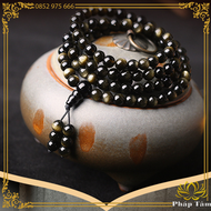 Chuỗi Vòng Tay 108 Hạt Đá Obsidian Vàng Đen Cao Cấp Hạng 5A - Pháp Tâm