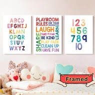 Framed Children's Learning Poster Alphabet Canvas Painting 123 Number Picture Color Text Printing Print Children's Room Decoration Frame