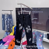 K KQO1 Chrom * H * Four Seasons Leather Patch Embroidered Jeans Men Women Style
