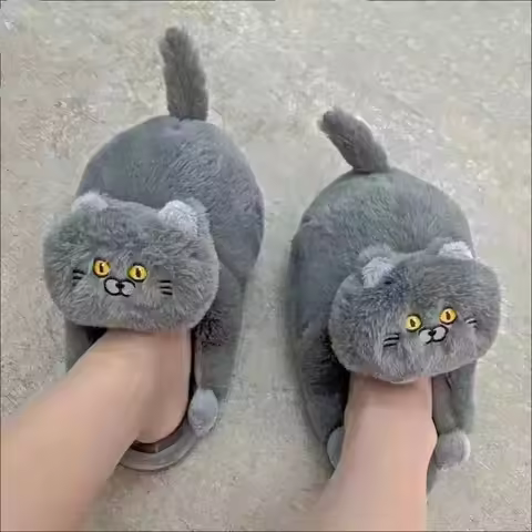 Cosy Cute British Shorthair Cat Slippers For Women Men Who Loves Kitty Indoor Fluffy Plush Home Shoe