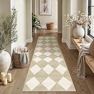 PureCozy 3x8 Runner Checkered Rug for Hallways Beige Washable Long Carpet Non-Slip Low Pile Boho Ind