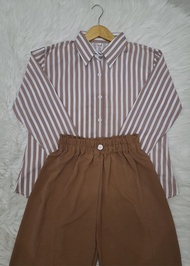 Oneset WanitaTerbaru Setelan Kemeja Garis Celana Kulot Crinkle