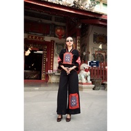 Black Hmong Pattern Set Long-Sleeved Shirt And Polyester Flared Pants