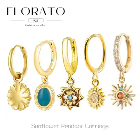 New 925 Silver Needle Sunflower Pendant Hoop Earrings For Women Bule turquoise Retro Nepali Earrings