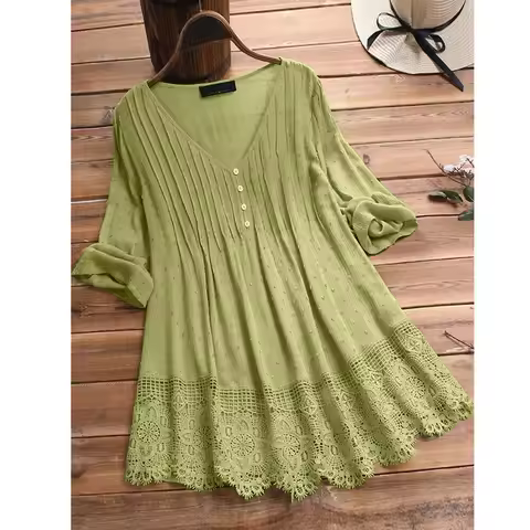 Plus Size Women's Summer Solid Cotton Linen Hollow Shirt Bust 126cm 2XL 3XL 4XL 5XL Loose V-Neck Pul