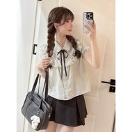 College Outfit Set - Striped Short Sleeve Shirt & Pleated Skirt