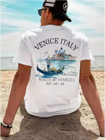 Retro Venice Italy Graphic Tee with Gondola and Canal Watercolor Print 100% Cotton Men's T-shirt Sum