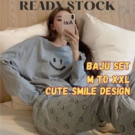 Women Sleepwear Smile Pajamas Baju Tidur Wanita Lengan Panjang Set Sleepwear Women