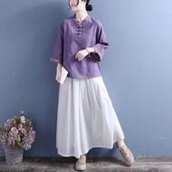 Cotton Linen Jacquard Embroidered Trumpet Sleeve Shirt Women 2026 Summer Ethnic Chinese Style Retro 