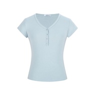 MOSSES QUEEN American Retro V-neck Button-down Short-sleeved T-shirt Slim Fit Short Comfortable Top 