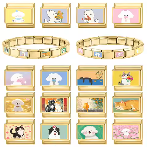 Y2K Gold Color Happy Puppy Dogs Cute Cats Italian Charm Fit 9mm Stainless Steel Women DIY Bracelet J