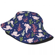 [deuuo] Street Cute Axolotl Bucket Hats Women Outdoor Fish Aquatic Animal Fishing Fisherman Caps Sum