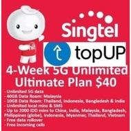 Singtel Prepaid $40 / Unlimited 5G Data/Unlimited Local Calls/IDD 2000 Mins (28 Days) Ultimate Plan Top Up