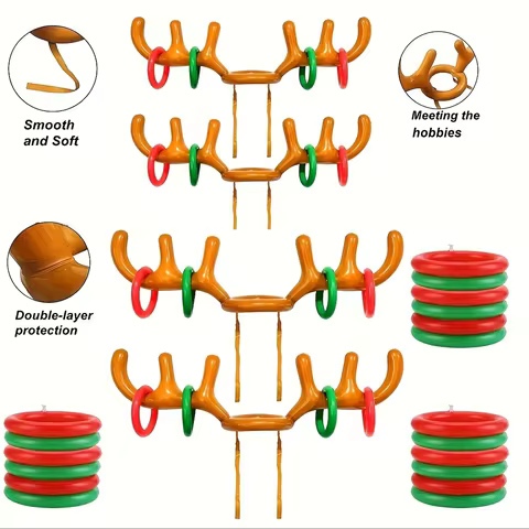 1 set of inflatable reindeer antler party throwing game (1 reindeer antler hat, 4 rings). Party game