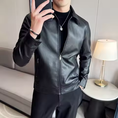 Collar Leather Jacket Men's Korean Version Slim Fit Trendy Brand Turn Collar Leather Jacket Handsome