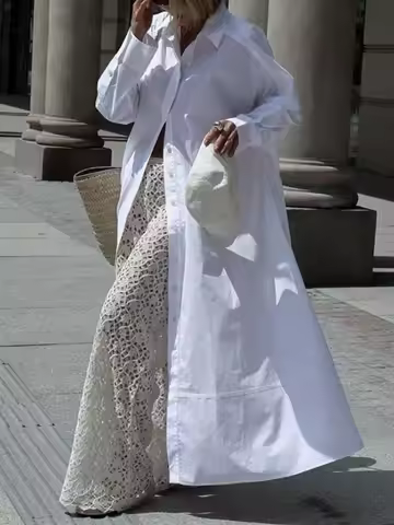 UOOZEE Womens Oversized White Lapel Shirt Dress 2025 New Long Sleeves Solid Color Split-Joint Minima