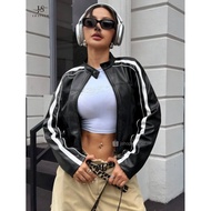 Women's Retro Stripe Biker Jacket korean Style Rapper Crop Leather Jacket