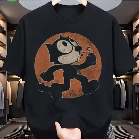 Summer Men's Retro Felix Cat Pattern T-Shirt , Black with Orange Retro Design, Loose Version, Crew N