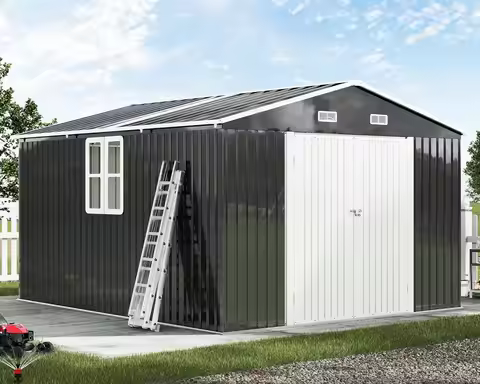 10x12x7 FT Outdoor Storage Shed with 2 Transparent Panels, Metal Garden Shed with Hinged Double Door