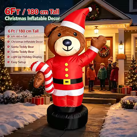 1.8M Inflatable Christmas Teddy Bear with Candy Cane & Santa Hat LED Yard Decor Outdoor Blow Up Orna