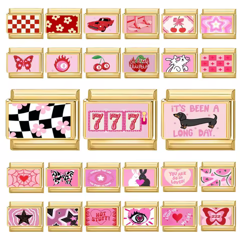 Y2K Wholesale 777 Flowers Dachshund Dogs Gold Italian Charm Link Fit 9mm Stainless Steel Jewelry DIY