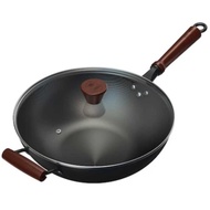 [SG] 32CM Cast Iron Wok + Lid Non-coated Pot for Gas and Induction Cooker Chinese Wok Cookware Pan