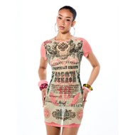 Russian Ruble Novelty Currency Print Bodycon Mini Dress Short Sleeve Crew Neck Party Club