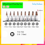 9pcs 3/8 Drive 5 Point Star Torx Socket Bit Screwdriver T10 T15 T20 T25 T27 T30 T40 T45 T50 Tools Se