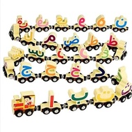 Wooden Arabic Alphabet Train Toy 29 PCS with Magnets for Toddlers, Compatible with Standard Train Set Tracks Wooden Double-Sided