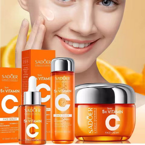 SADOER 5x Vitamin C Skincare Set - Brightening Face Serum, Toner & Moisturizing Cream, Hydrating Kor