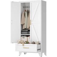 71" Tall Metal Wardrobe Cabinet With Drawer And Hanging Rod, 2 Doors Armoire Wardrobe Closet With Sh